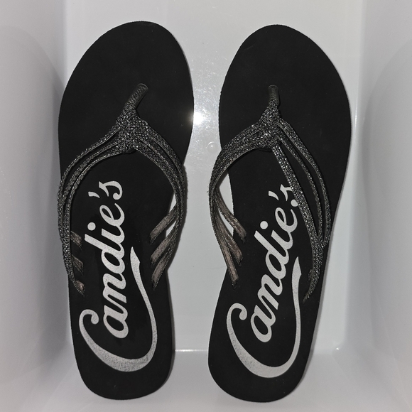 Candies: Braided, Strappy Wedge Thong Sandals, Black w/Silvery Bling, Size: 9/10 - Picture 11 of 11
